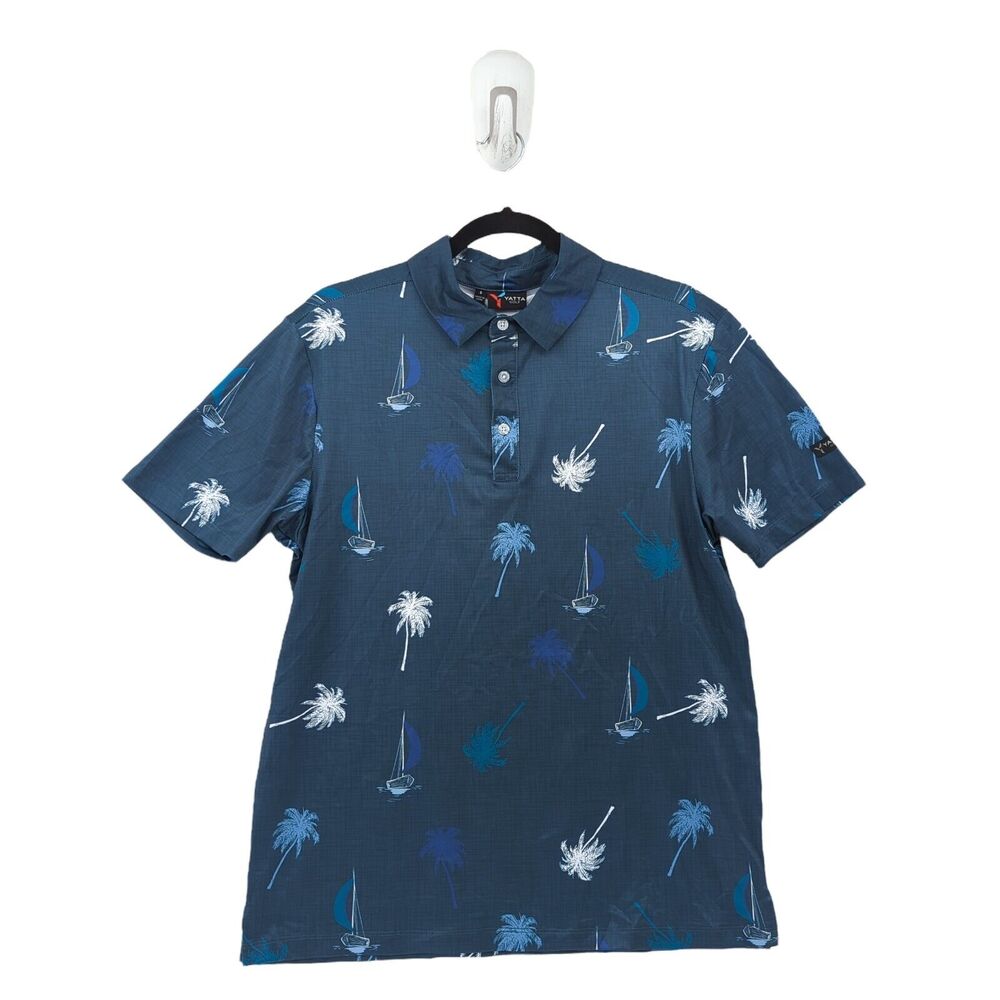 YATTA GOLF Men S Polo Shirt Blue Stretch Floral Palm Trees Boats Pura Vida NEW
